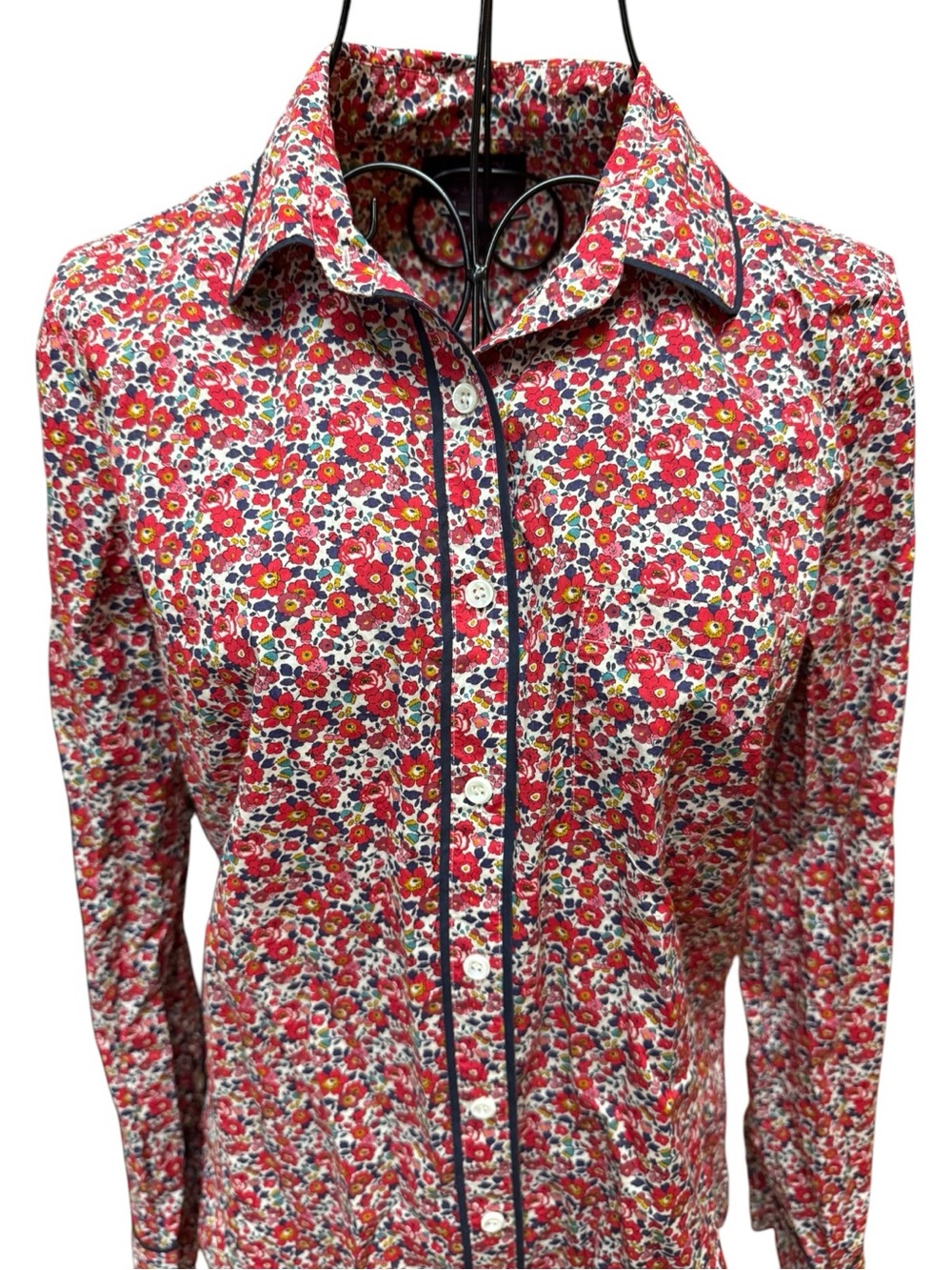 Liberty London x J. Crew Red Floral Button-Down Shirt  Black Piping Preppy - Picture 4 of 10
